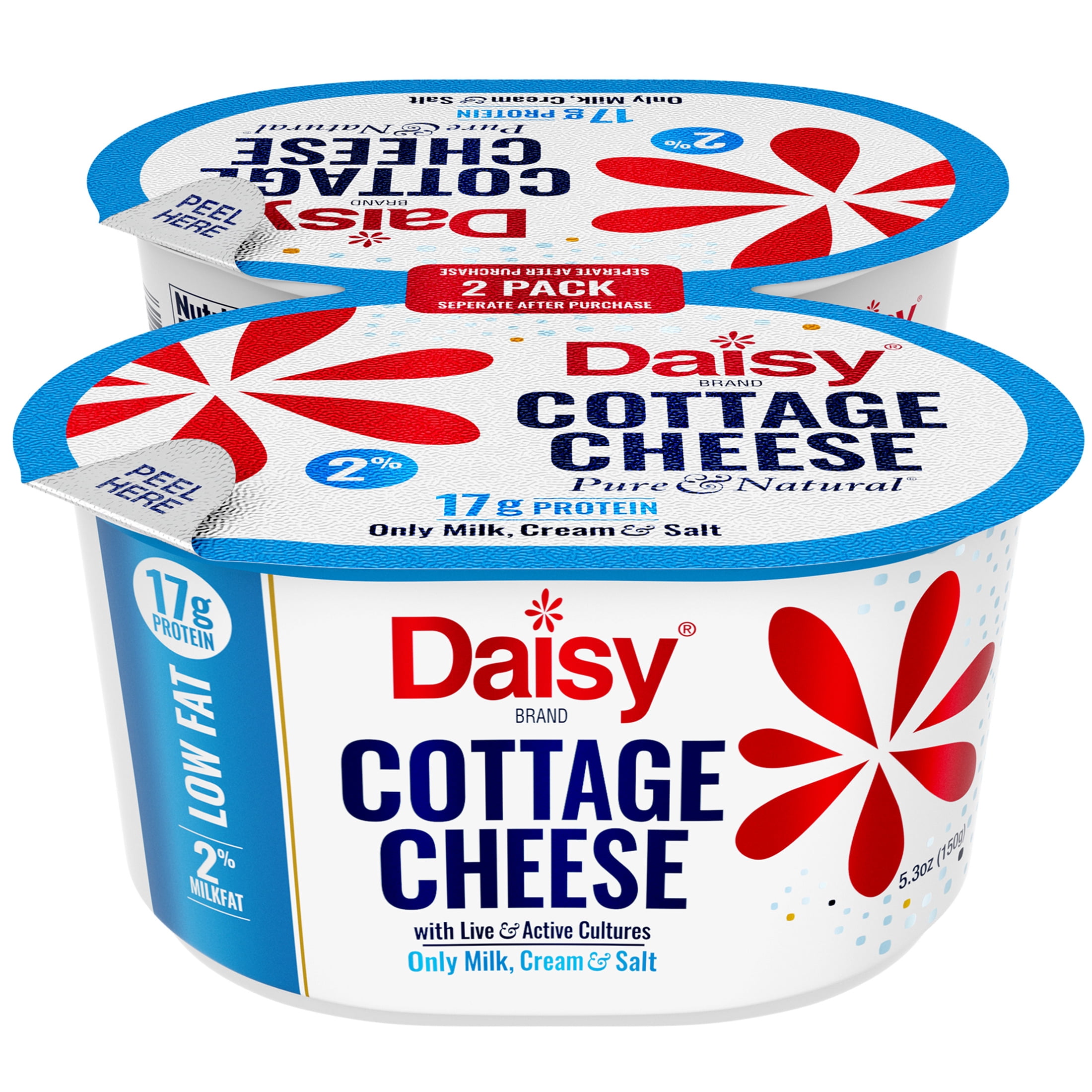 Daisy Pure and Natural Low Fat Cottage Cheese, 2% Milkfat, 2-Pack 5.3 oz Cups (Refrigerated) - 17g of Protein per Serving