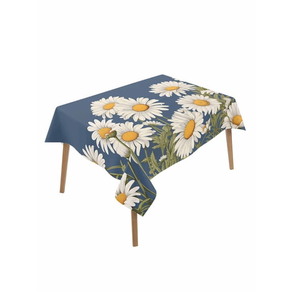 Daisy Rectangle Tablecloth, Spring Floral Summer Botanical Elegant Navy Blue Waterproof & StainResistant Tablecloth, Washable Oil-proof Table Cover for Dining/Party/Wedding/Camping/Buffet 60x102 In