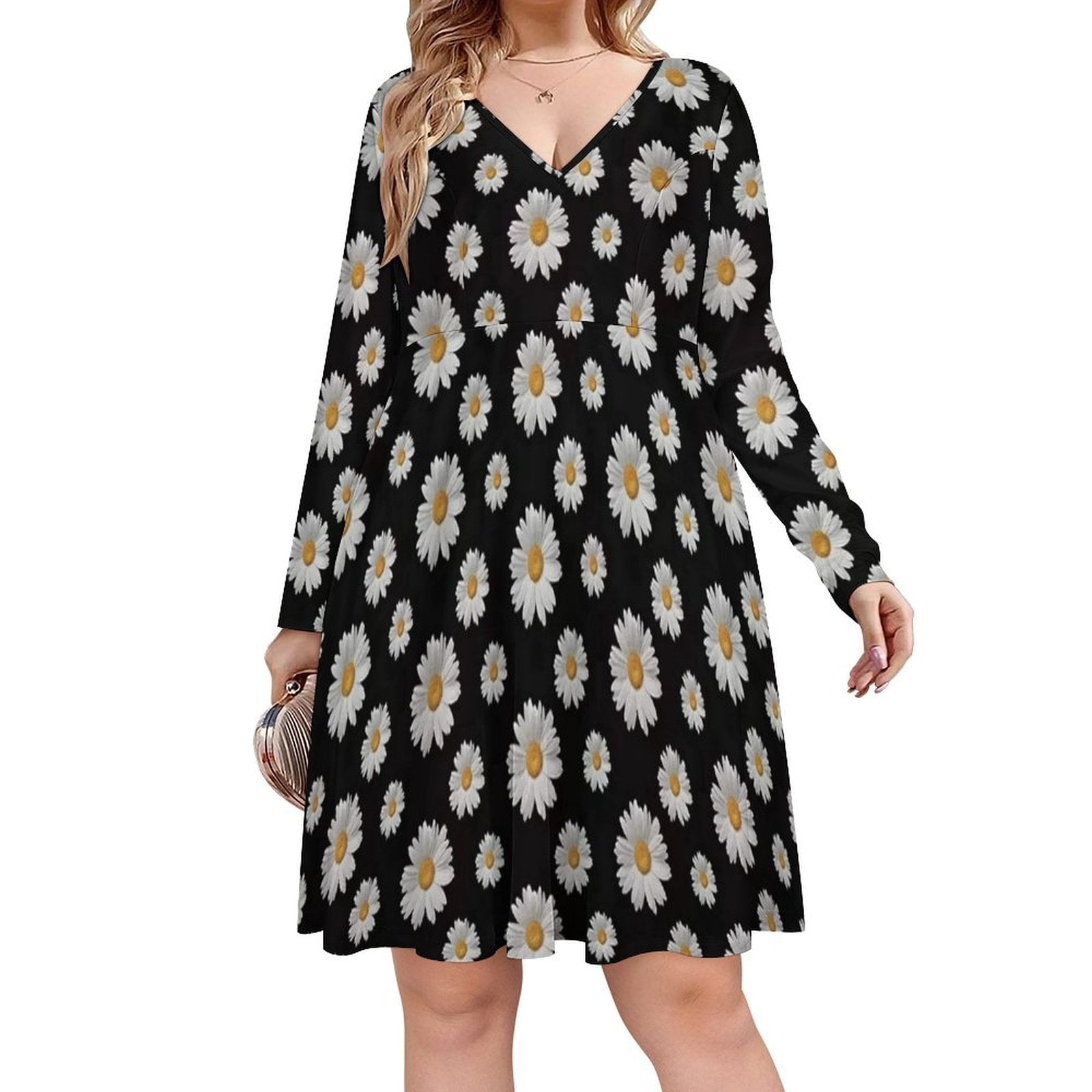 Daisy Repeat Pattern Long Sleeve Dresses For Women Vintage Elegant ...
