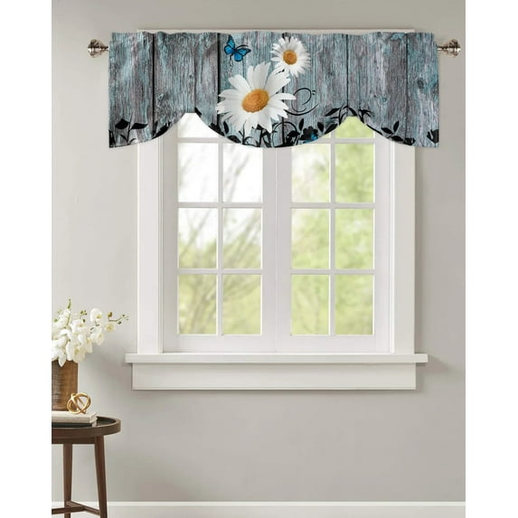 Daisy Retro Wood Grain Butterfly Window Curtain Kitchen Cabinet Coffee Tie-Up Valance Curtain Rod Pocket Short Curtain