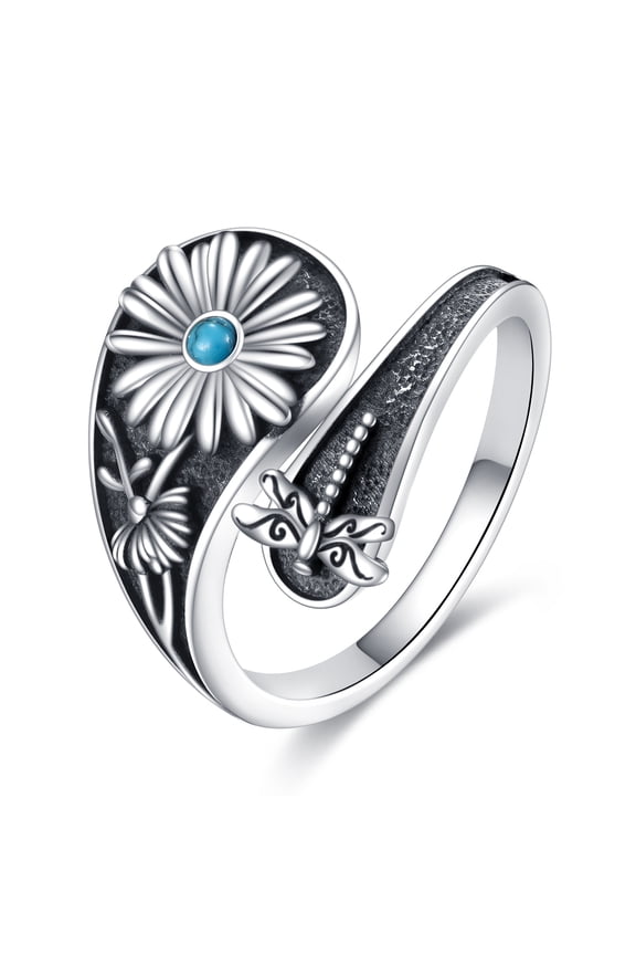 Daisy Ring for Women Sterling Silver Turquoise Daisy Dragonfly Spoon Adjustable Ring Jewelry Gifts Size 7