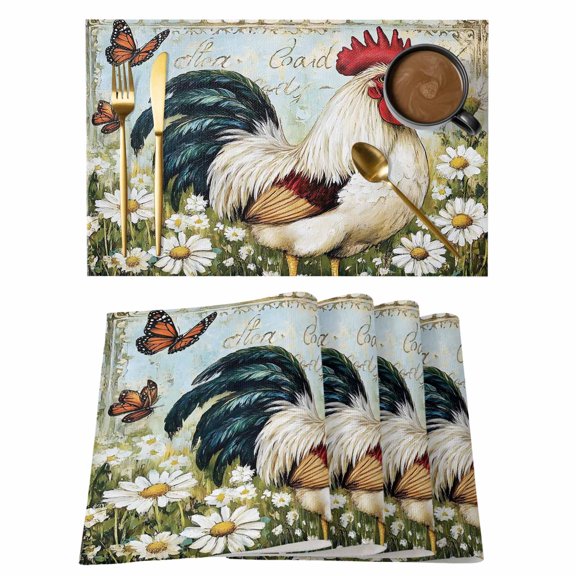 Daisy Rooster Placemats Set of 6, Vintage Farmhouse Flower Butterfly Rustic Country Non-Slip Place Mats Washable Table Mats for Kitchen Dining Table Decorations Indoor/Outdoor