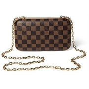 Daisy Rose Checkered Minaudiere Evening Bag for Women - RFID Blocking Cross body Clutch -PU Vegan Leather (BROWN)