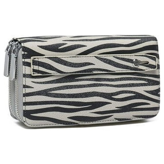 Daisy Rose Dual Zipper Hand Strap Zip Around Wallet and Phone Clutch - RFID Blocking Leopard Print Card Holder Organizer -PU Vegan Leather - Grey Zebra