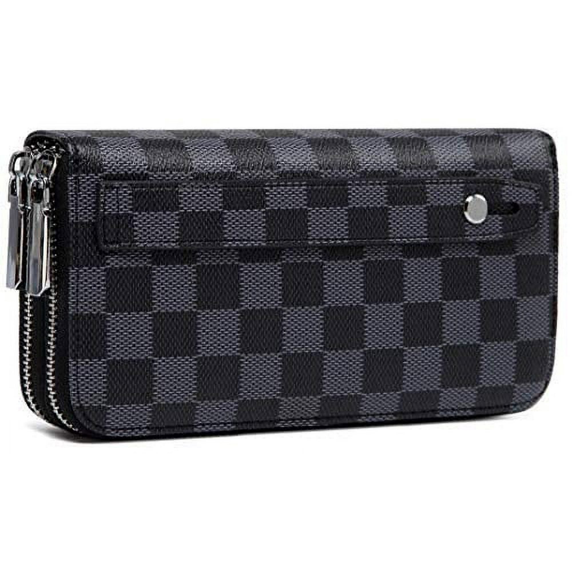 Daisy Rose Dual Zipper Hand Strap Zip Around Wallet and Phone Clutch for Women - RFID Blocking Leopard Print Card Holder Organizer PU Vegan Leather - Black Checkered