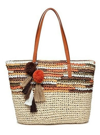 Designer Womens Pom-Pom Monogram Straw Tote Bag Handbag