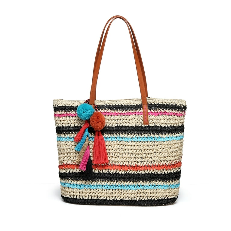 Daisy Rose Summer Handbag Large Straw Beach Tote with Pom Poms Inner Pouch Vegan Leather Handles Multi Color Walmart