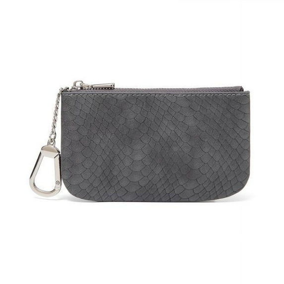 Daisy Rose Luxury Coin Purse Change Wallet Pouch for Women - PU Vegan Leather Card Holder with Oversized Metal Keychain and Clasp - Grey Python