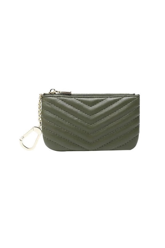 Luxury Quilted Key Chain Pouch for Women | PU Vegan Leather Coin Purse with Clasp - Olive