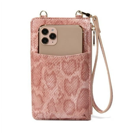 Daisy Rose Phone Holder Wallet and Cross Body Bag - RFID Blocking Wristlet with Card Slots and Zip Pocket -PU Vegan Leather - Pink Snake