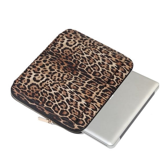 Daisy Rose Protective Laptop Sleeve Case for 13 Inch Laptop with Slip Pocket - Luxury PU Vegan Leather Shock Absorbant Hard Case for Work and School - Leopard