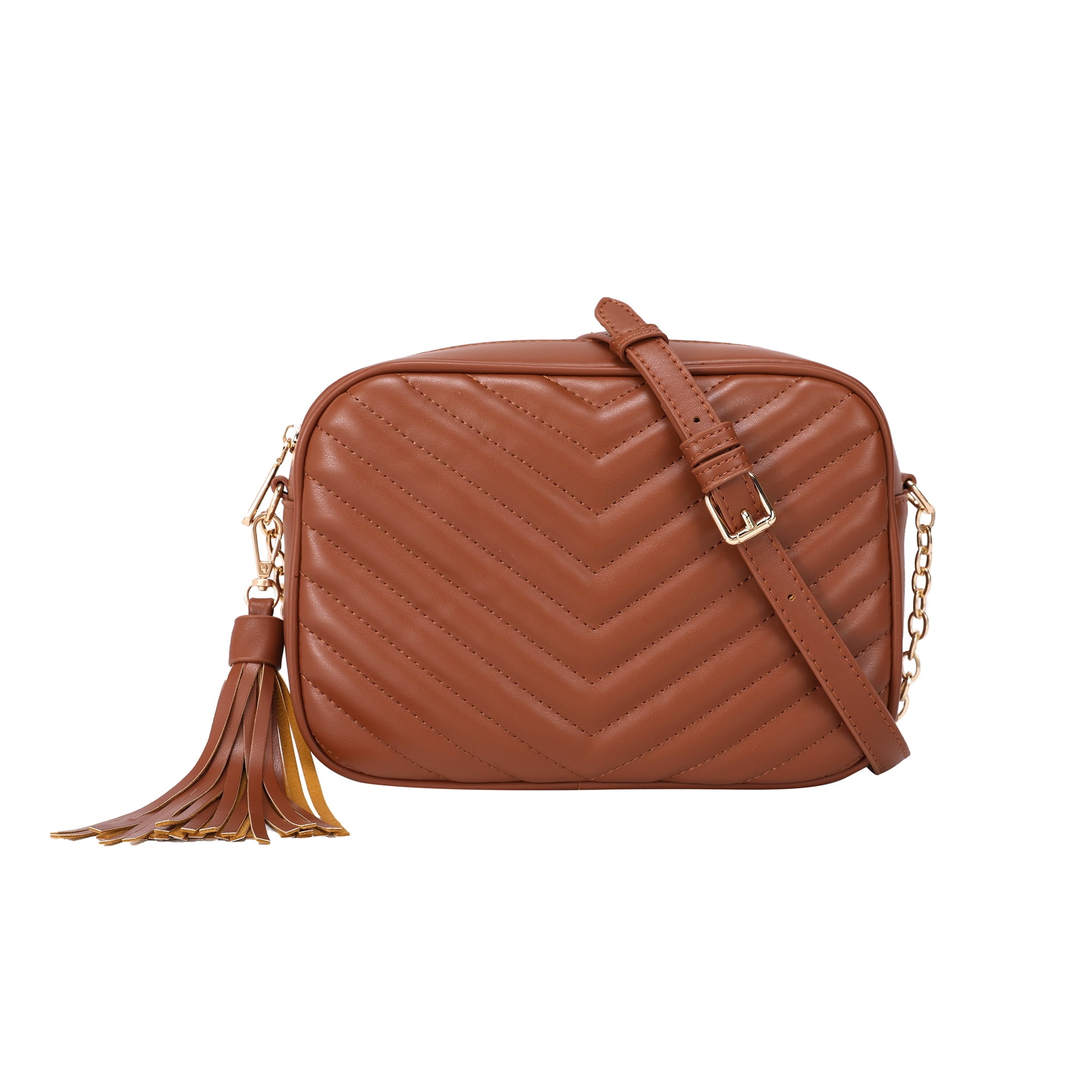Daisy Rose Quilted Cross body bag with tassle PU Vegan Leather Brown