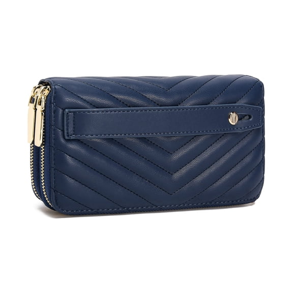 Daisy Rose Quilted Dual Zipper Wallet and Phone Clutch - RFID Blocking Hand Strap Zip Around Card Holder Organizer -PU Vegan Leather - Dark Blue
