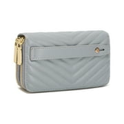 DAISY ROSE Quilted Dual Zipper Wallet and Phone Clutch - RFID Blocking Hand Strap Zip Around Card Holder Organizer -PU Vegan Leather - Grey