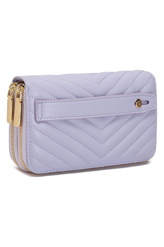 Quilted Dual Zipper Wallet and Phone Clutch - RFID Blocking Hand Strap Zip Around Card Holder Organizer -PU Vegan Leather - Lilac