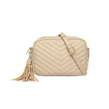 Daisy Rose Quilted Shoulder Cross body bag for Women with tassel - PU Vegan Leather - Beige