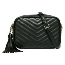 Daisy Rose Quilted Shoulder Cross body bag for Women with tassel - PU Vegan Leather - Black