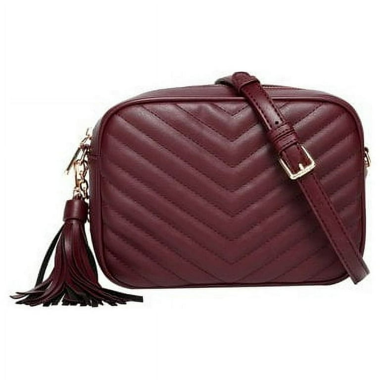 Daisy Rose Quilted Shoulder Cross body bag for Women with tassel PU Vegan Leather Burgundy