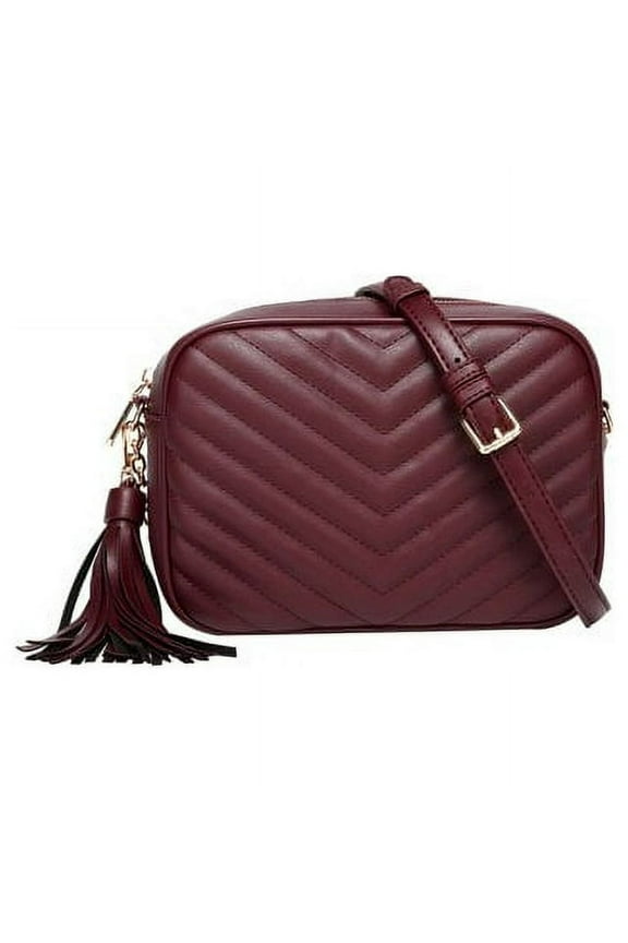 Quilted Shoulder Cross body bag for Women with tassel - PU Vegan Leather - Burgundy