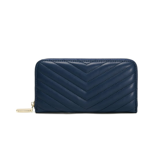 Daisy Rose Quilted Zip Around Wallet and Phone Clutch - RFID Blocking with Card Holder Organizer -PU Vegan Leather - Dark Blue