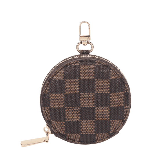 Daisy Rose Round Checkered Coin Purse Pouch Change Wallet Holder with clasp - PU Vegan Leather - BROWN CHECKERED