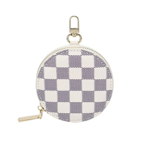 Daisy Rose Round Checkered Coin Purse Pouch Change Wallet Holder with clasp - PU Vegan Leather - CREAM CHECKERED