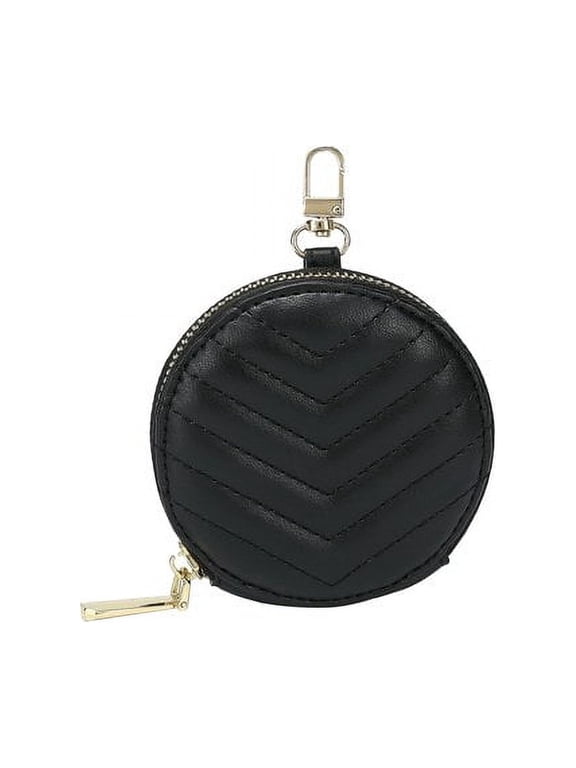 Round Coin Purse Pouch Change Wallet Holder for Women with clasp - PU Vegan Leather - Black