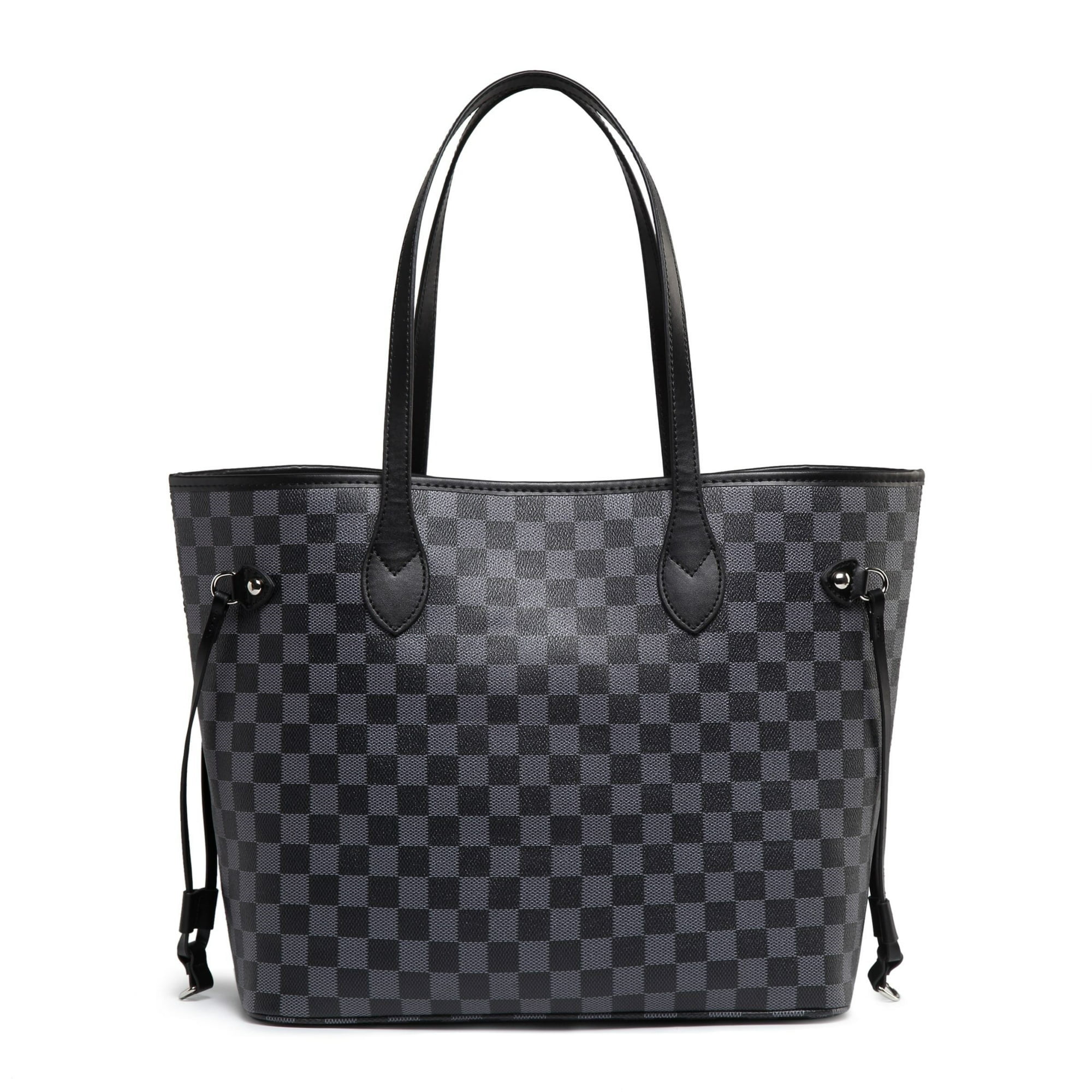 Daisy Rose Tote Shoulder Bag and Matching Clutch for Women - PU Vegan  Leather Handbag for Travel Work and School - Black Checkered 