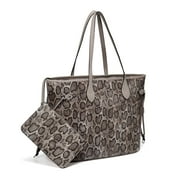 DAISY ROSE Tote Shoulder Bag and Matching Clutch for Women - PU Vegan Leather Handbag for Travel Work and School - Grey Snake