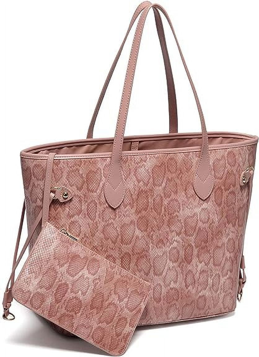 Daisy Rose Tote Shoulder Bag and Matching Clutch for Women - PU Vegan  Leather Handbag for Travel Work and School - Pink Snake 