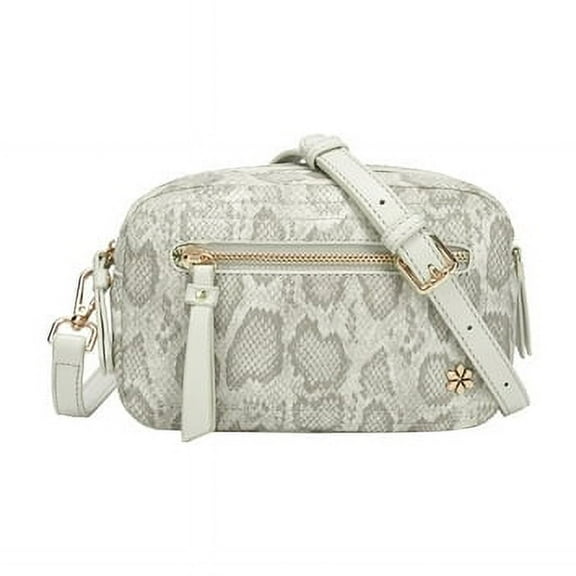 Daisy Rose Women's 100% PU Vegan Leather Dual Zipper Cross Body Shoulder Bag, Cream Snake