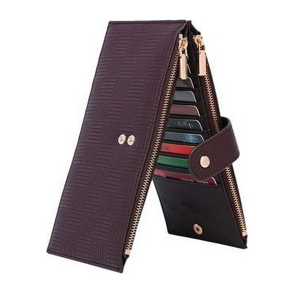Daisy Rose Women’s Multi Card Wallet PU Vegan Leather Clutch RFID Blocking Organizer Card Holder with Zipper Pockets - Brown Check