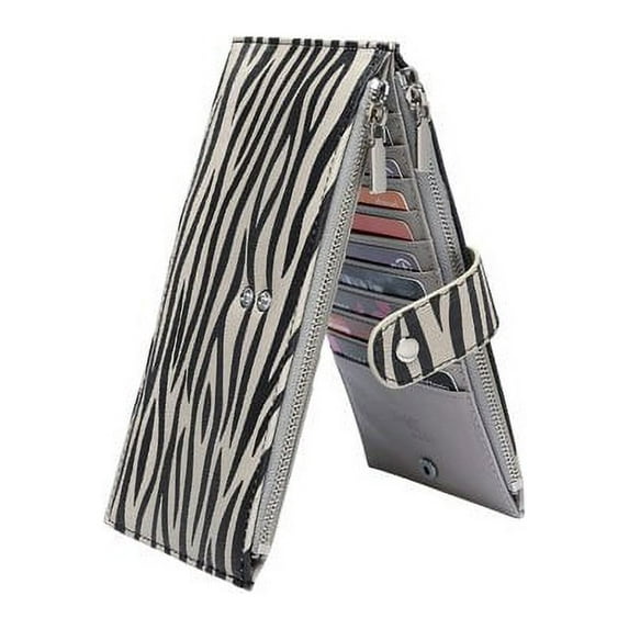 Daisy Rose Women’s Multi Card Wallet PU Vegan Leather Clutch RFID Blocking Organizer Card Holder with Zipper Pockets - Grey Zebra