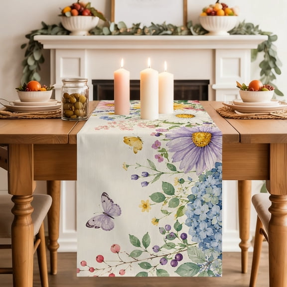 Daisy Roses Dining Table Runner, Butterfly Wildflowers Romantic Floral Garden Washable Table Runners Kitchen Coffee Table Center Decor for Home Party Holiday Wedding 13 x 36 Inches