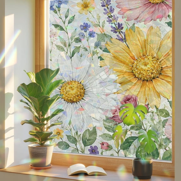 Daisy Roses Window Privacy Film, Butterfly Wildflowers Romantic Floral Garden Stained Glass Rainbow Film Decorative Window Clings, Static Cling Sun Blocking Stickers 23.6" x 59"