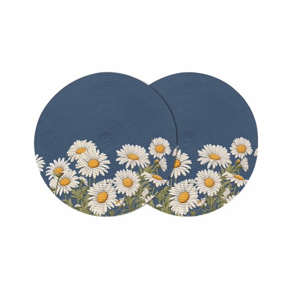 Daisy Round 15 Inch Placemats Set of 2, Spring Floral Summer Botanical Elegant Navy Blue HeatResistant Non Slip Place Mats for Dining Table, Wipeable Braided Kitchen Table Mats for Housewarming
