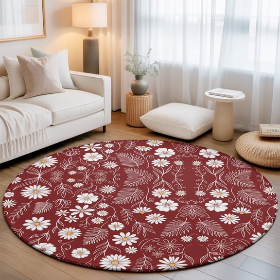 Daisy Round Rug 4Ft Leaf Scrolls Red Background Vintage Circle Area Rugs Washable Non Slip Indoor Floor Mats Carpet for Living Room Bedroom Dining Room Home Decor