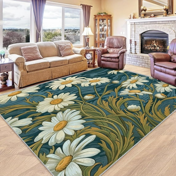 Daisy Rug Washable Floral Rugs For Living Room Bedroom, Yellow And White Flower Area Rug For Home Decor, Non Slip Backing Floor Carpet 4x5ft