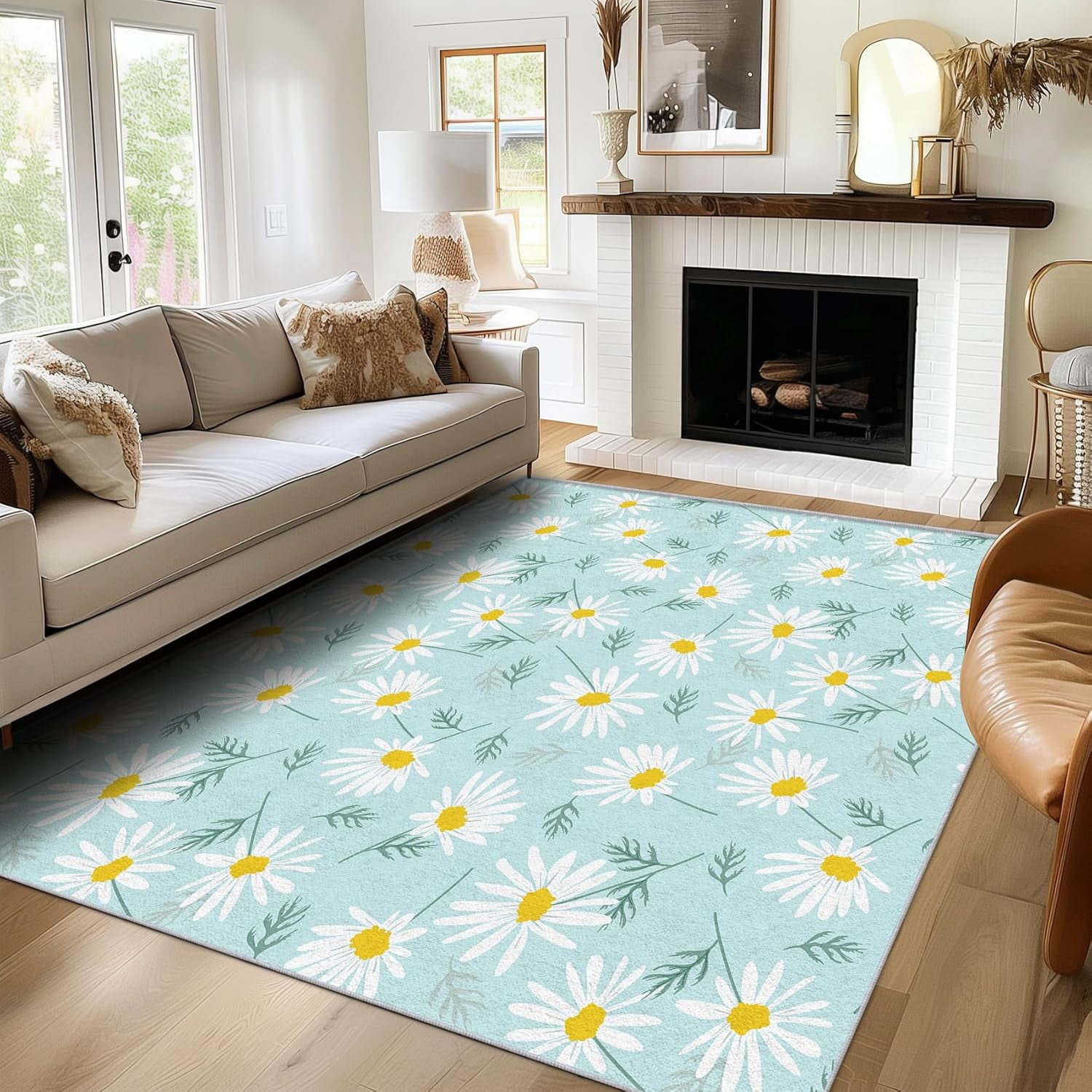 Spring Floral Rugs Daisy Rug , Washable Spring Flower Rugs For Living Room Bedroom ...
