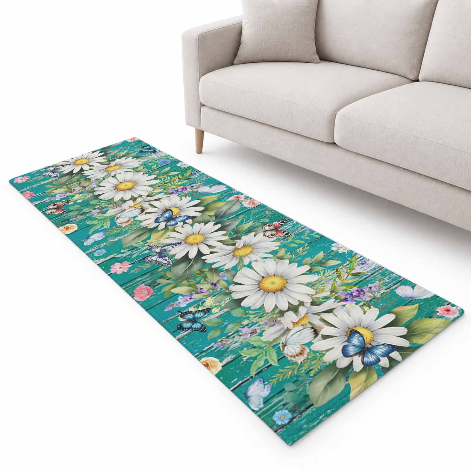 Daisy Runner Rug 2'x6', Watercolor Spring Florals Butterfly Blue Green ...