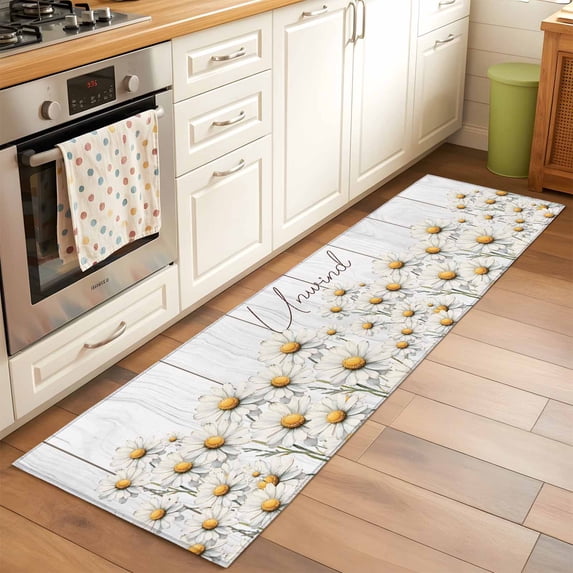 Daisy Runner Rugs 2x6 ft Watercolor Flowers Vintage Wood Grain Washable Hallway Rugs Non-Slip Floor Mats Absorbent Carpet Bedside Runners for Bedroom Kitchen Bathroom Laundry Room
