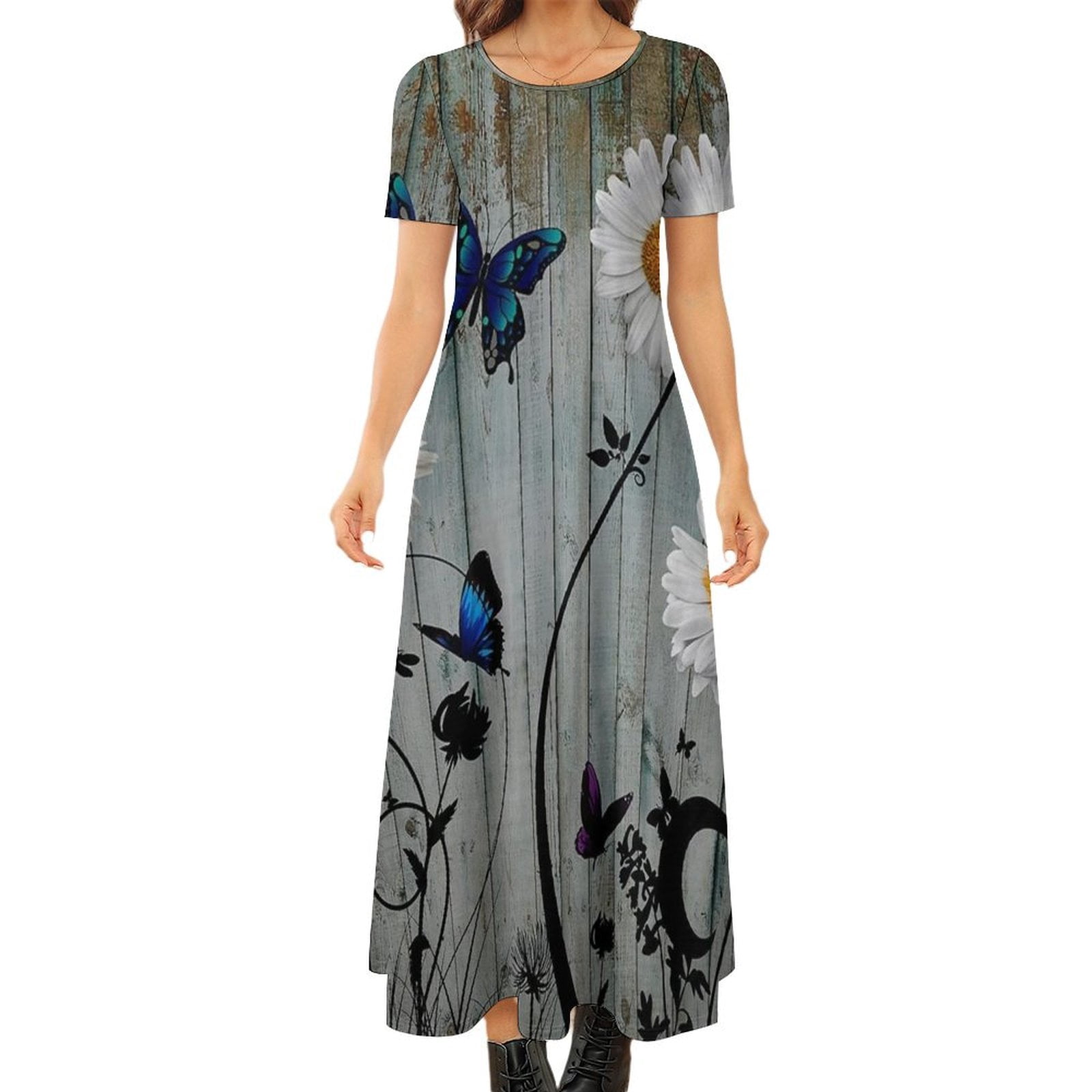 Daisy Rustic Flower Maxi Dress for Women Crew Neck Beach Dress Short ...