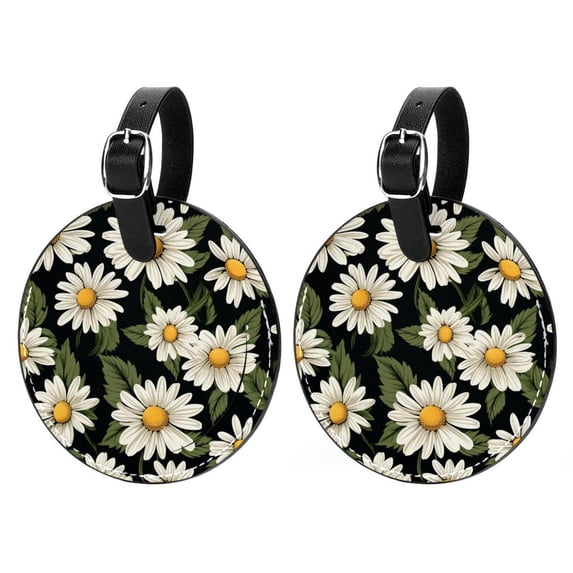 Daisy Set of 2pcs PU Leather Round Suitcase Tags with Privacy Cover and Name ID Tag - Ideal for Travel Luggage, Handbags, Backpacks, School Bags