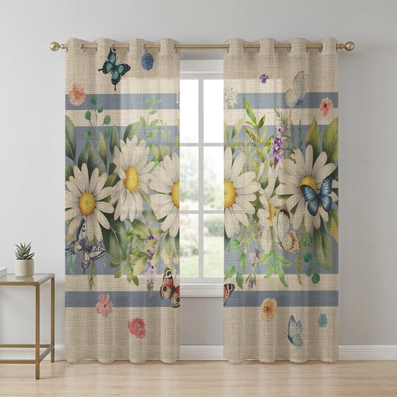 Daisy Sheer Curtains 84 Inch Long 2 Panels, Watercolor Spring Floral ...
