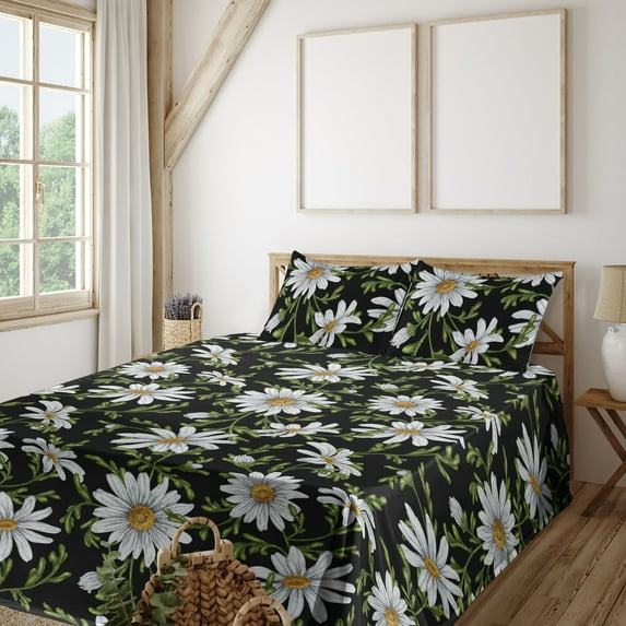 Ambesonne Daisy Fitted & Flat Sheet with Shams 4 Pcs Set, Art Realist Chamomile Pattern, King, Off White Fern Green