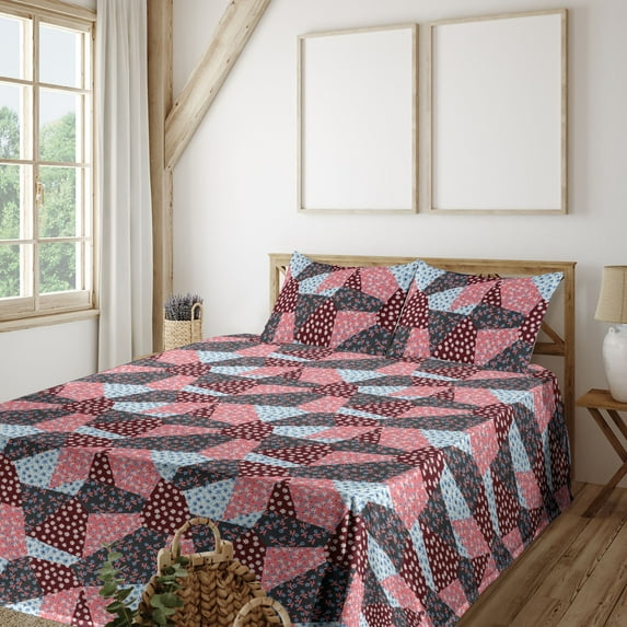 Ambesonne Daisy Fitted & Flat Sheet with Sham 3 Pcs Set, Springtime Chamomile Pattern, Twin, Pastel Pink and Sea Blue