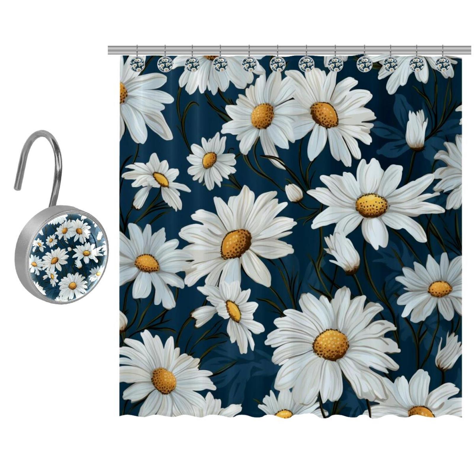 Daisy Shower Curtain, Cloth Fabric Bathroom Decor Set with Hooks