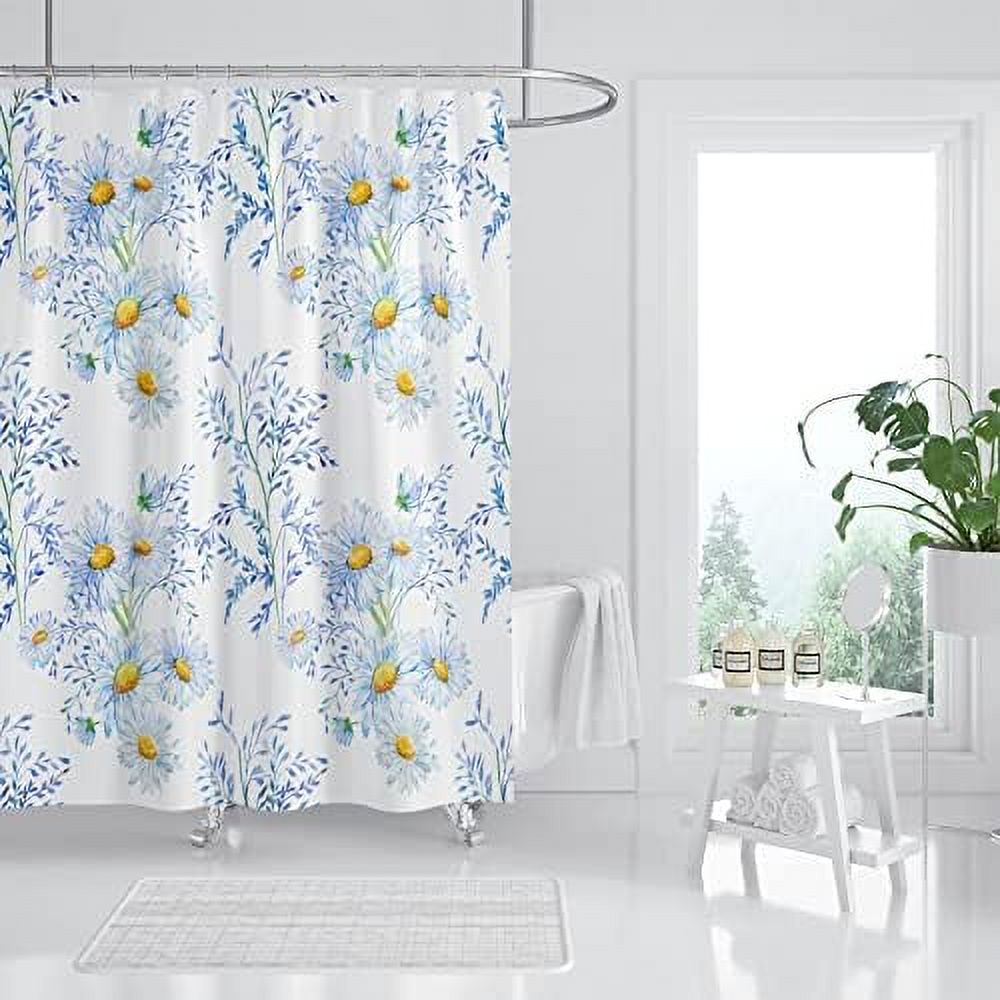 Daisy Shower Curtain Farmhouse Floral Shower Curtain Set Rustic Blue