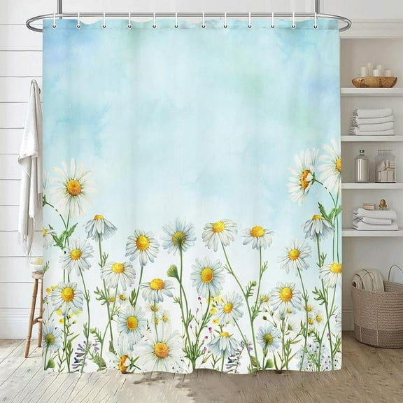 Daisy Shower Curtain, Floral Daisy Fabric Bathroom Curtains, Rustic Farmhouse Boho Shower Curtain Set, White Daisy Bathroom Shower Curtain with 12PCS Hooks, 36X70IN（Blue）
