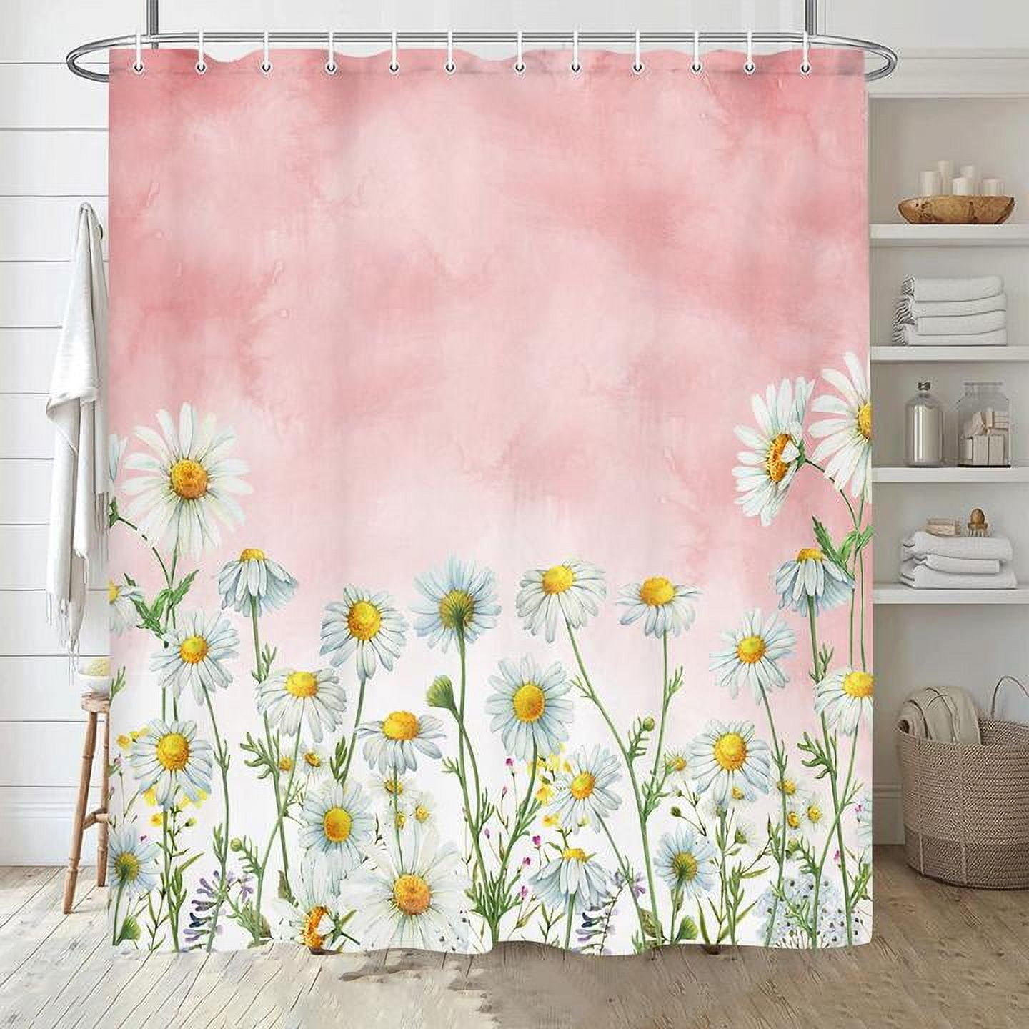 Daisy Shower Curtain, Floral Daisy Fabric Bathroom Curtains, Rustic Farmhouse Boho Shower Curtain Set, White Daisy Bathroom Shower Curtain with 12PCS Hooks, 36X70IN（Red）